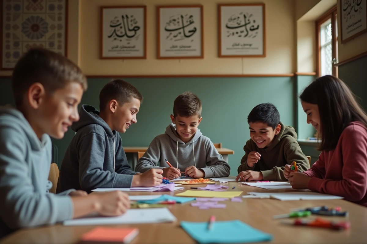Groupe de jeunes adolescents réalisant un projet créatif dans l'espace jeunesse d'une mosquée
