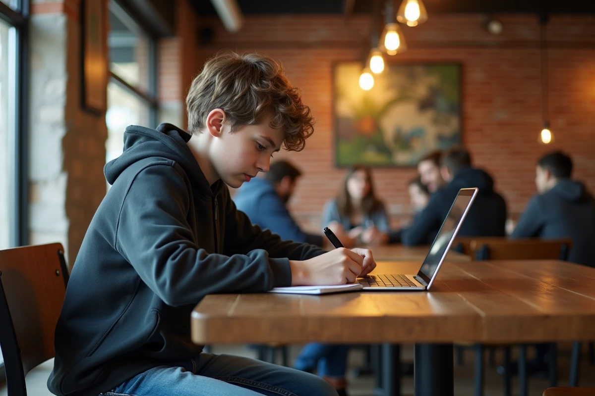 Adolescent étudiant dans un café urbain avec tablette