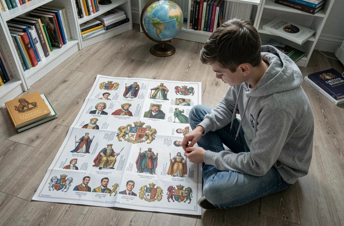 Adolescent étudiant une grande frise des dynasties royales françaises déployée sur le sol
