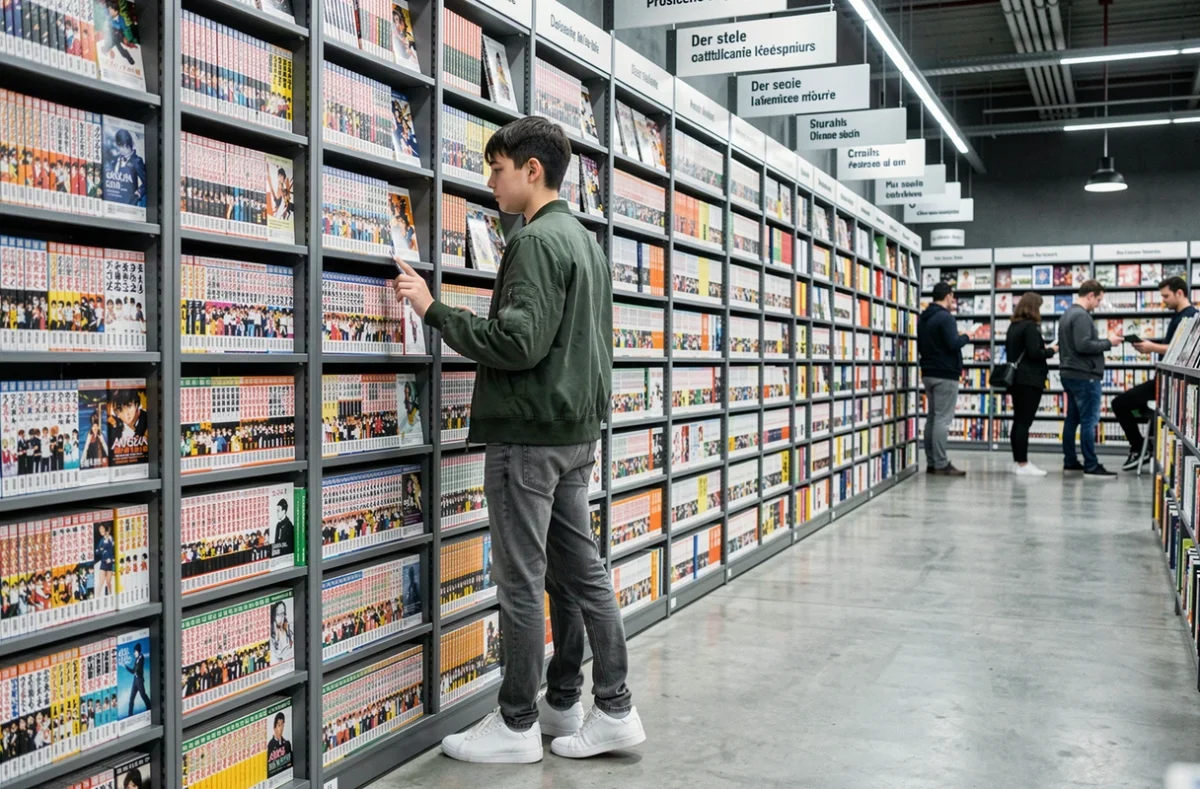 Adolescent parcourant le rayon manga d'une librairie moderne avec de nombreux volumes classés par genre