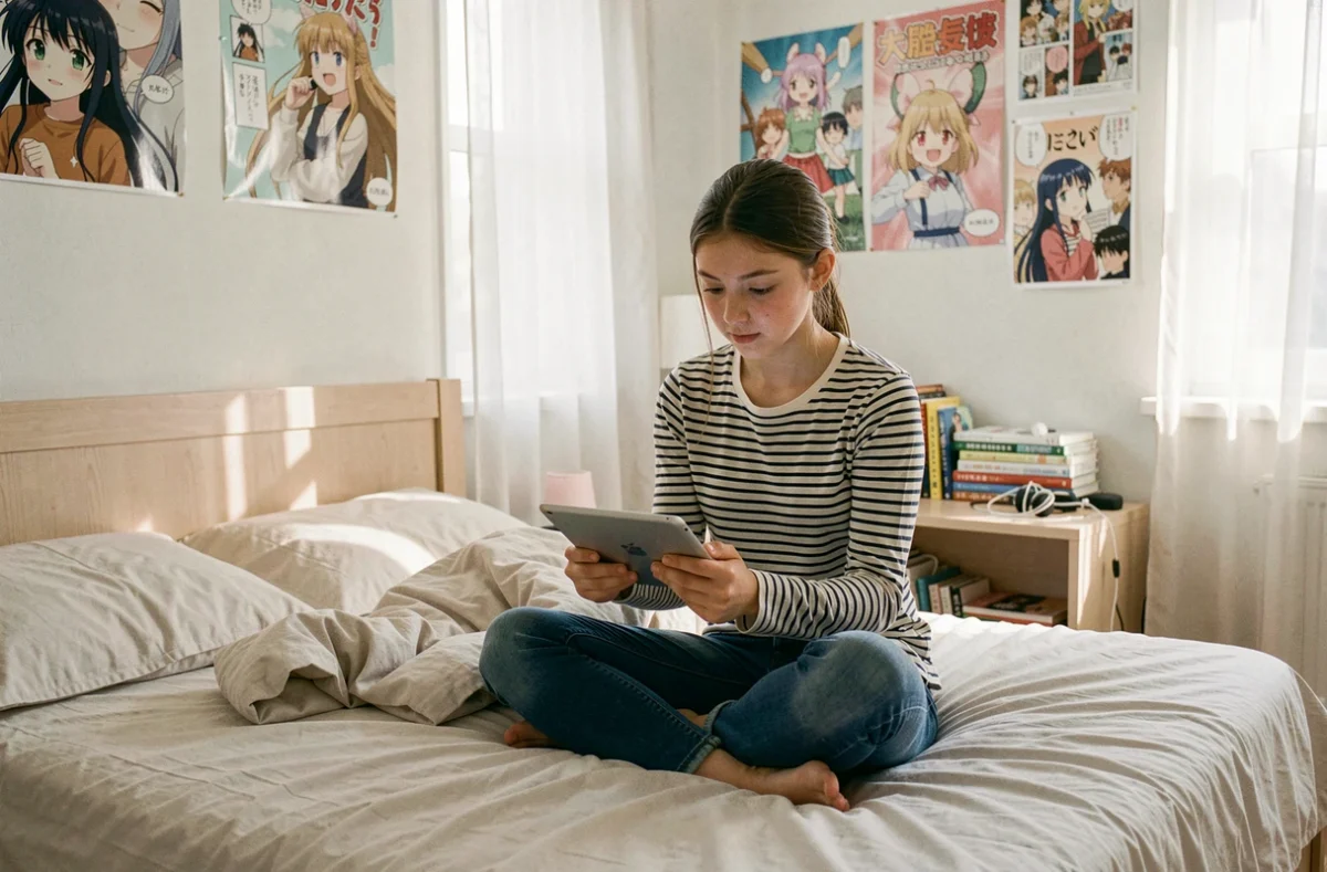 Adolescente cherchant des alternatives pour lire des scans manga sur sa tablette dans sa chambre