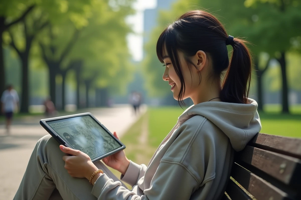 Adolescente lisant manga sur tablette dans un parc