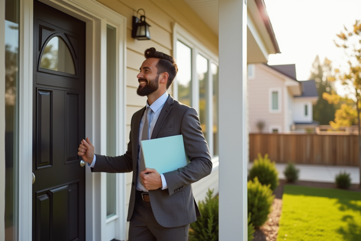 Agent immobilier frappant à la porte d'une maison charmante