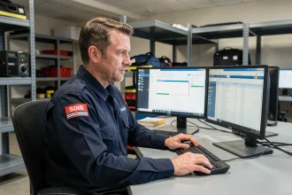 Agent SDIS consultant un logiciel de gestion des données Iris sur ordinateur au sein d'une caserne de pompiers