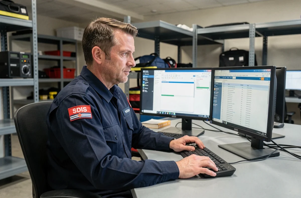 Agent SDIS consultant un logiciel de gestion des données Iris sur ordinateur au sein d'une caserne de pompiers