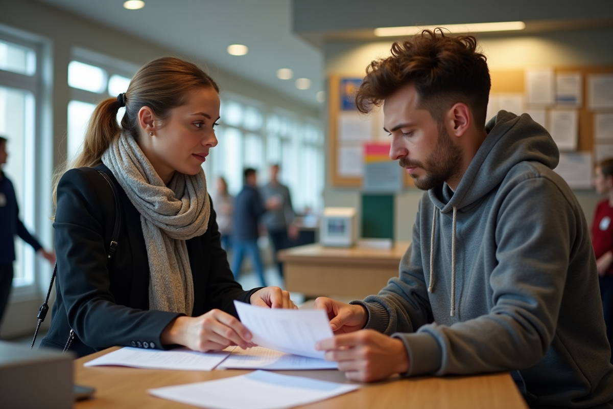 Femme aidant un jeune homme à un comptoir communautaire