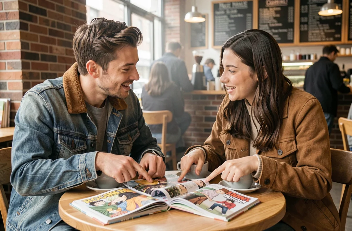 Deux amis adultes discutant de leurs mangas préférés autour d'un café avec plusieurs volumes ouverts sur la table