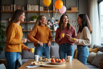 Groupe d'amis riant en décorant un salon festif