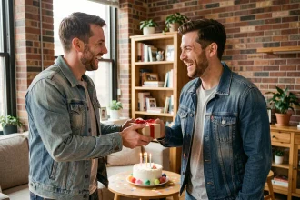 Deux amis hommes célébrant un anniversaire avec un cadeau et un gâteau dans un appartement chaleureux