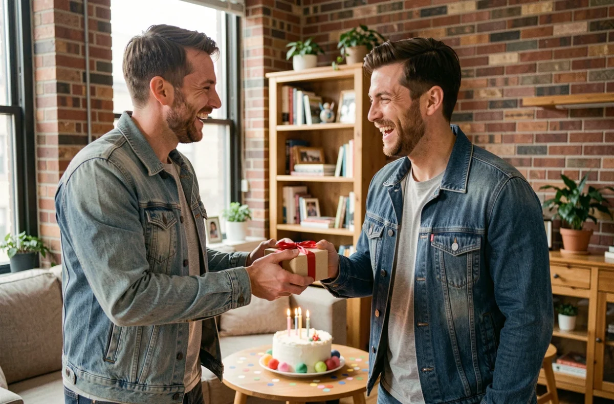 Deux amis hommes célébrant un anniversaire avec un cadeau et un gâteau dans un appartement chaleureux
