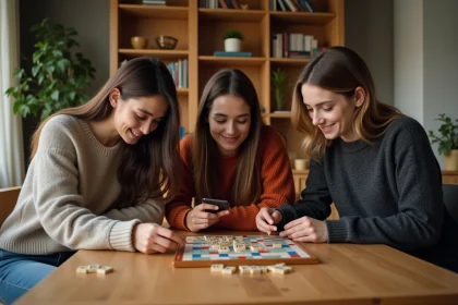 Trois amis jouent au Scrabble dans un salon chaleureux