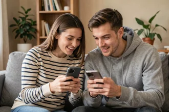 Deux amis jouant à Motus en ligne en multijoueur sur leurs smartphones dans un salon moderne