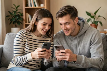 Deux amis jouant à Motus en ligne en multijoueur sur leurs smartphones dans un salon moderne