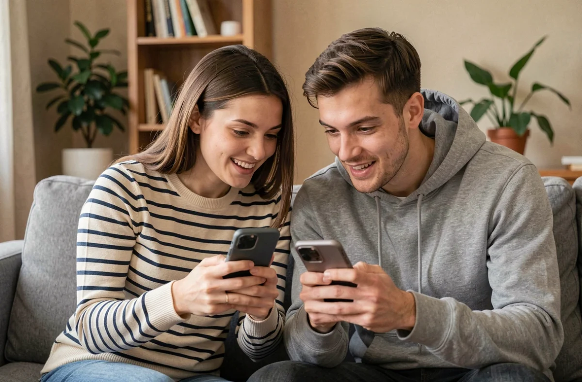 Deux amis jouant à Motus en ligne en multijoueur sur leurs smartphones dans un salon moderne