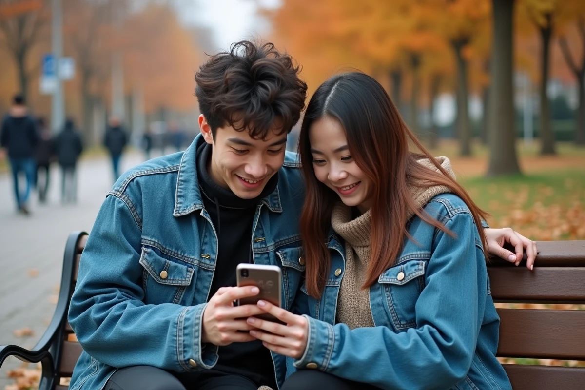 Deux amis lisant ensemble un scan de One Piece en français sur smartphone dans un parc urbain en automne