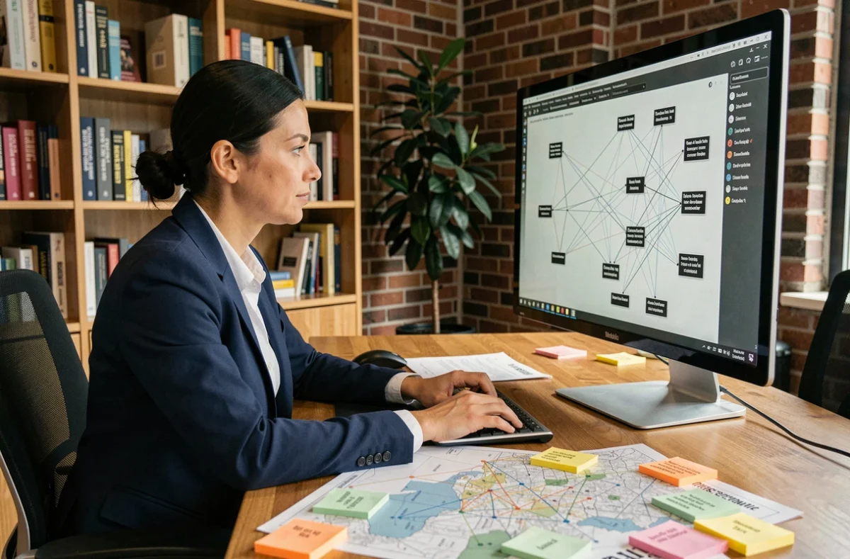 Femme analyste étudiant des réseaux sémantiques sur un écran dans un bureau moderne avec cartes conceptuelles