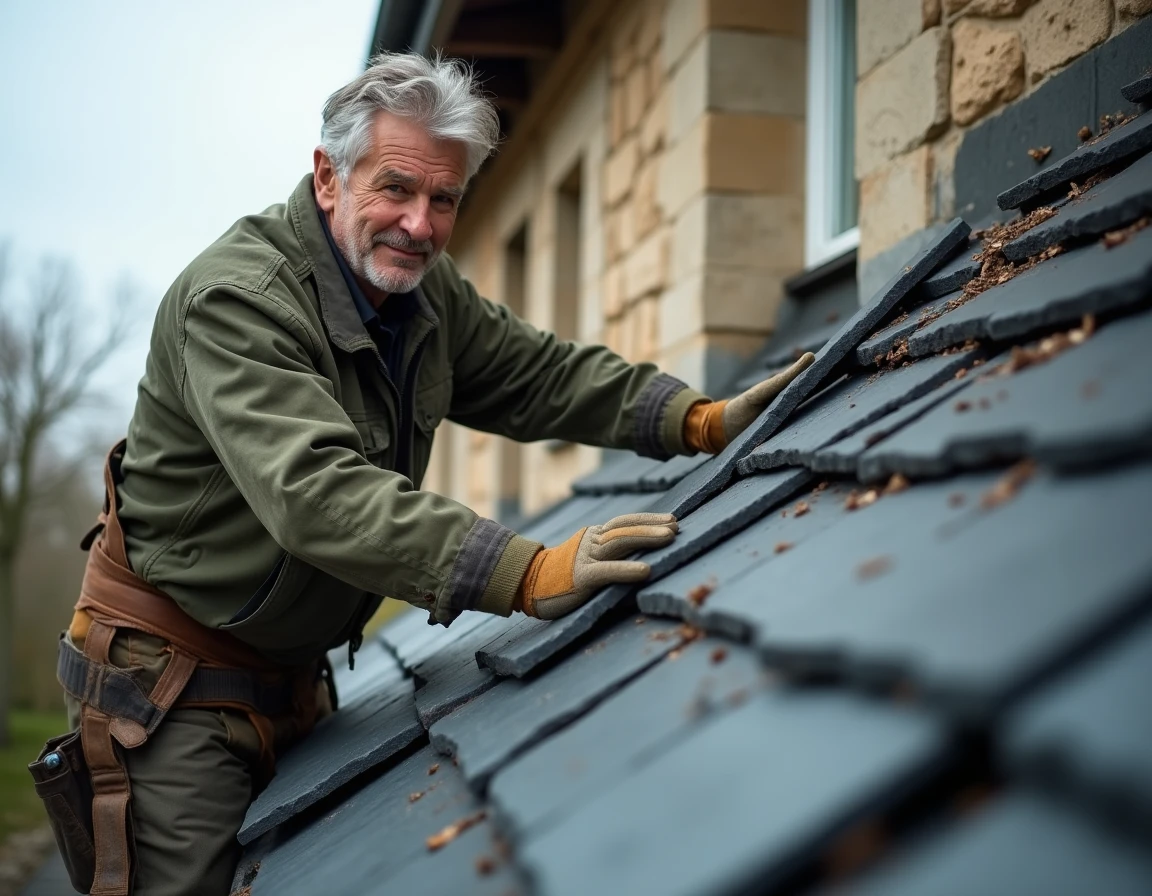 Couvreur d'Anc Couverture remplaçant des ardoises sur un bâtiment traditionnel lyonnais