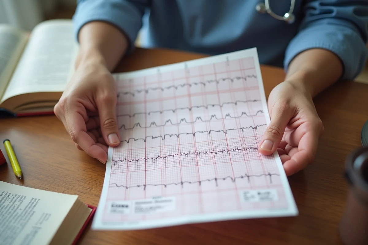 Mains d'un apprenant en santé annotant un tracé ECG imprimé lors d'une session d'autoformation à domicile