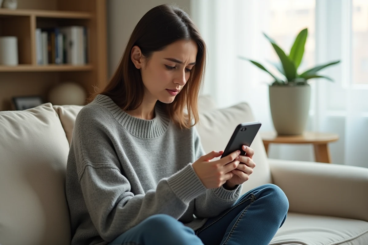 Femme annulant son abonnement Amazon Prime depuis son smartphone dans son salon