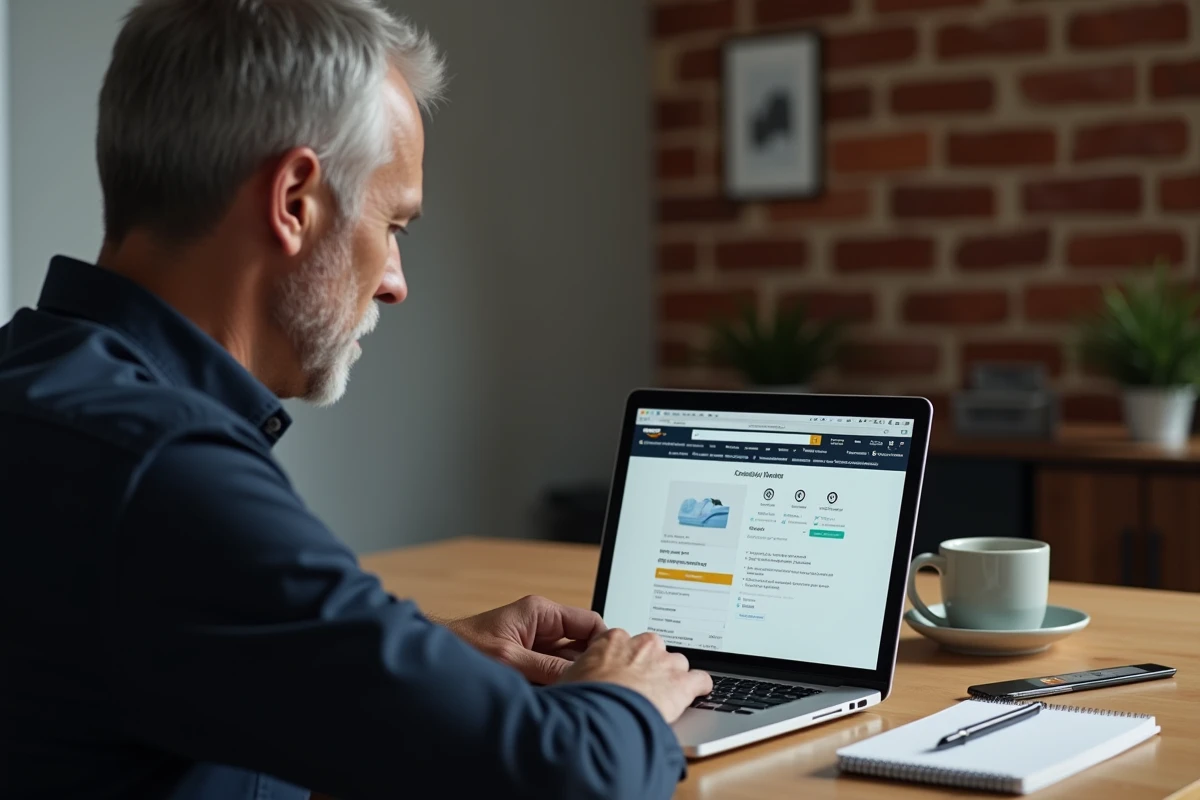 Homme gérant et annulant son abonnement Prime Video sur un ordinateur portable à son bureau