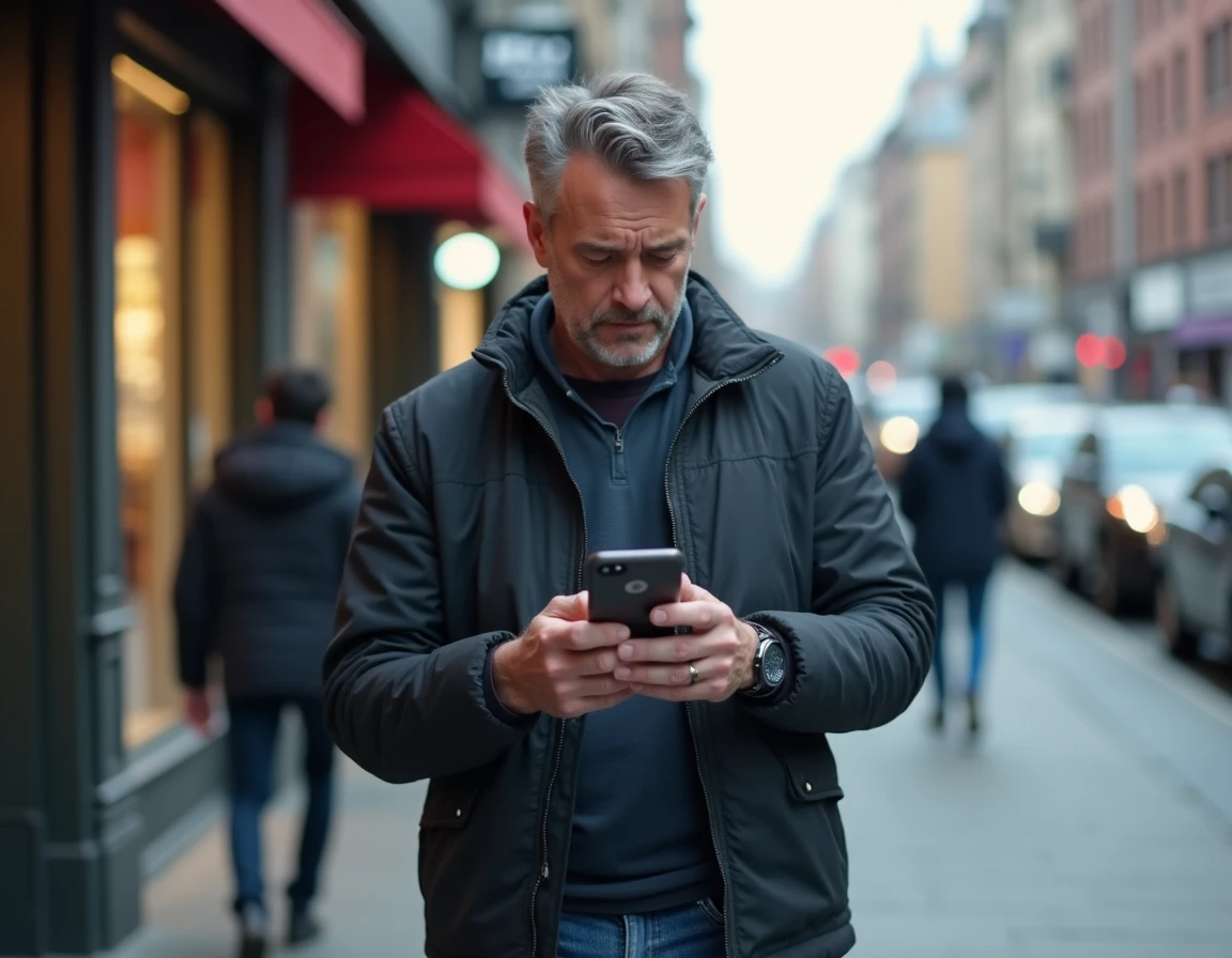Homme dans la rue consultant son téléphone après un appel échoué, problème de numéro bloqué ou panne réseau