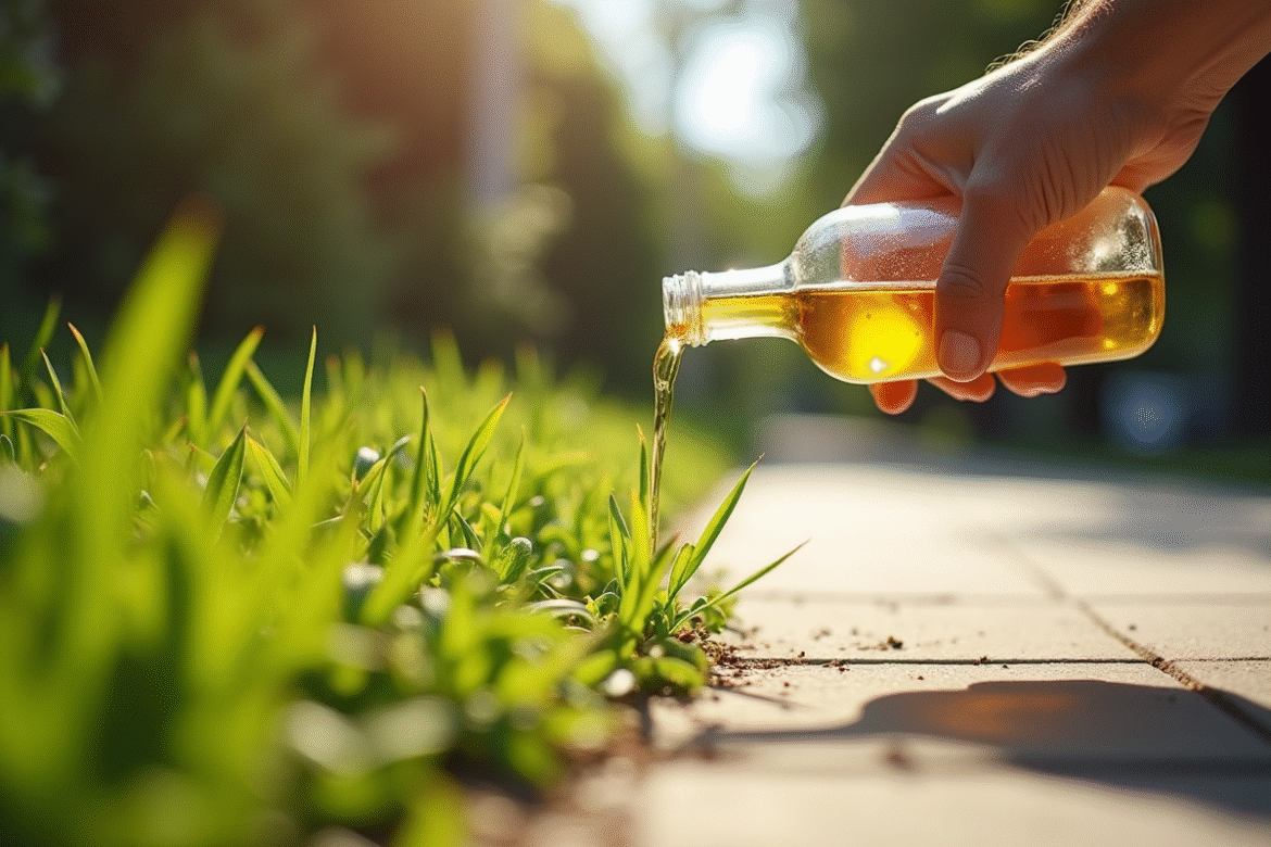 Versement de vinaigre sur des mauvaises herbes au soleil