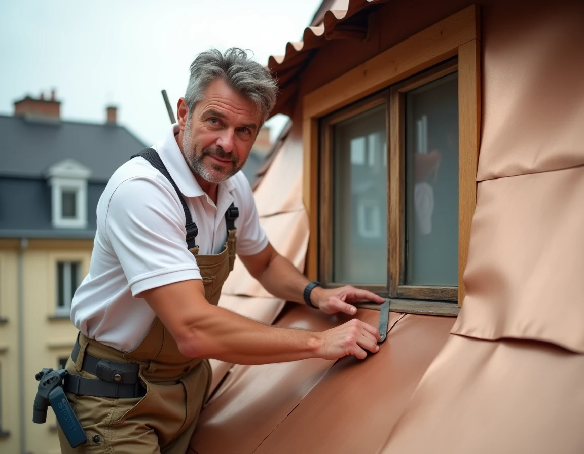 Artisan d'Artiz façonnant une pièce en cuivre autour d'une lucarne sur un bâtiment haussmannien à Lyon