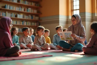 Enfants participant à un atelier éducatif dans la salle communautaire d'une mosquée