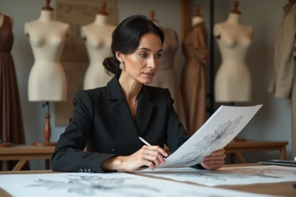 Femme élégante en atelier de mode avec croquis et tissus