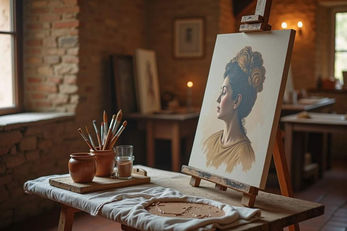 Chevalet d'artiste avec une toile en cours inspirée de la technique sfumato de Léonard de Vinci dans un atelier florentin