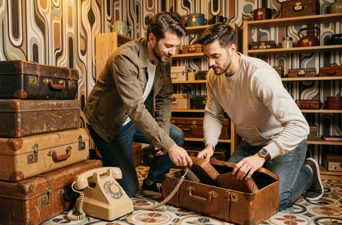 Joueurs manipulant un téléphone vintage et des valises rétro dans la salle Back to Escape à Portes-lès-Valence