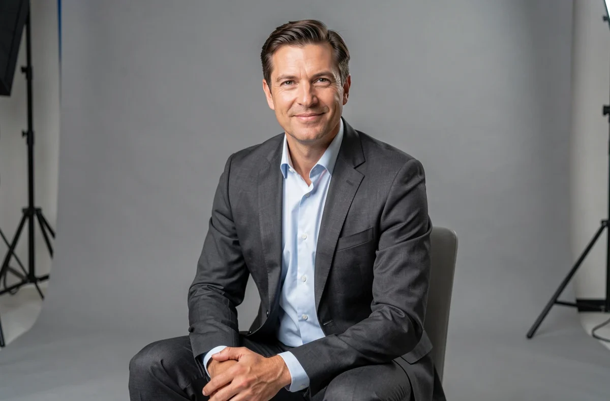 Portrait corporate d'un cadre professionnel en costume charbon dans le studio Bain de Lumière à Saint-Denis, fond gris neutre