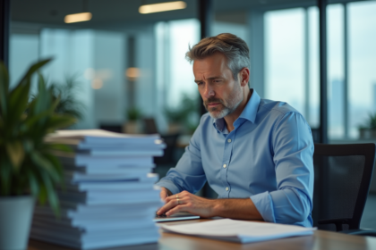 Homme de bureau concentré sur son ordinateur dans un bureau moderne