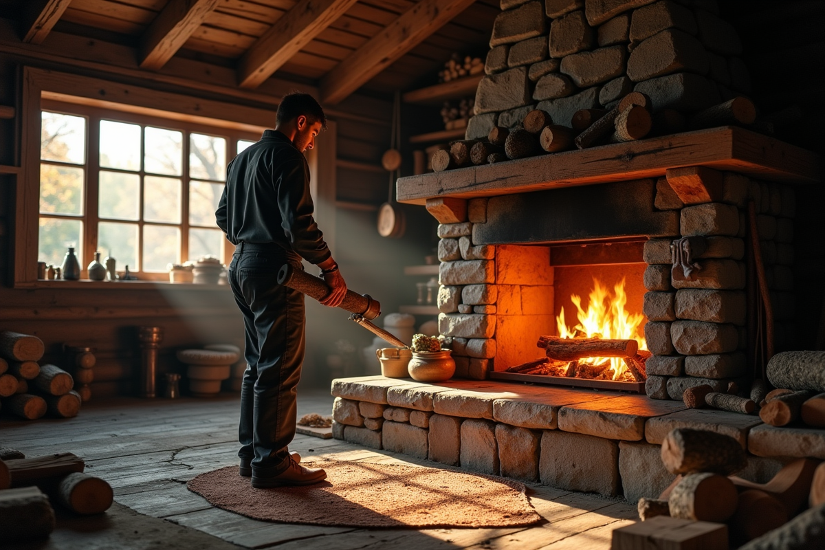 Artisan chargeant du bois dans une cheminée rustique chaleureuse