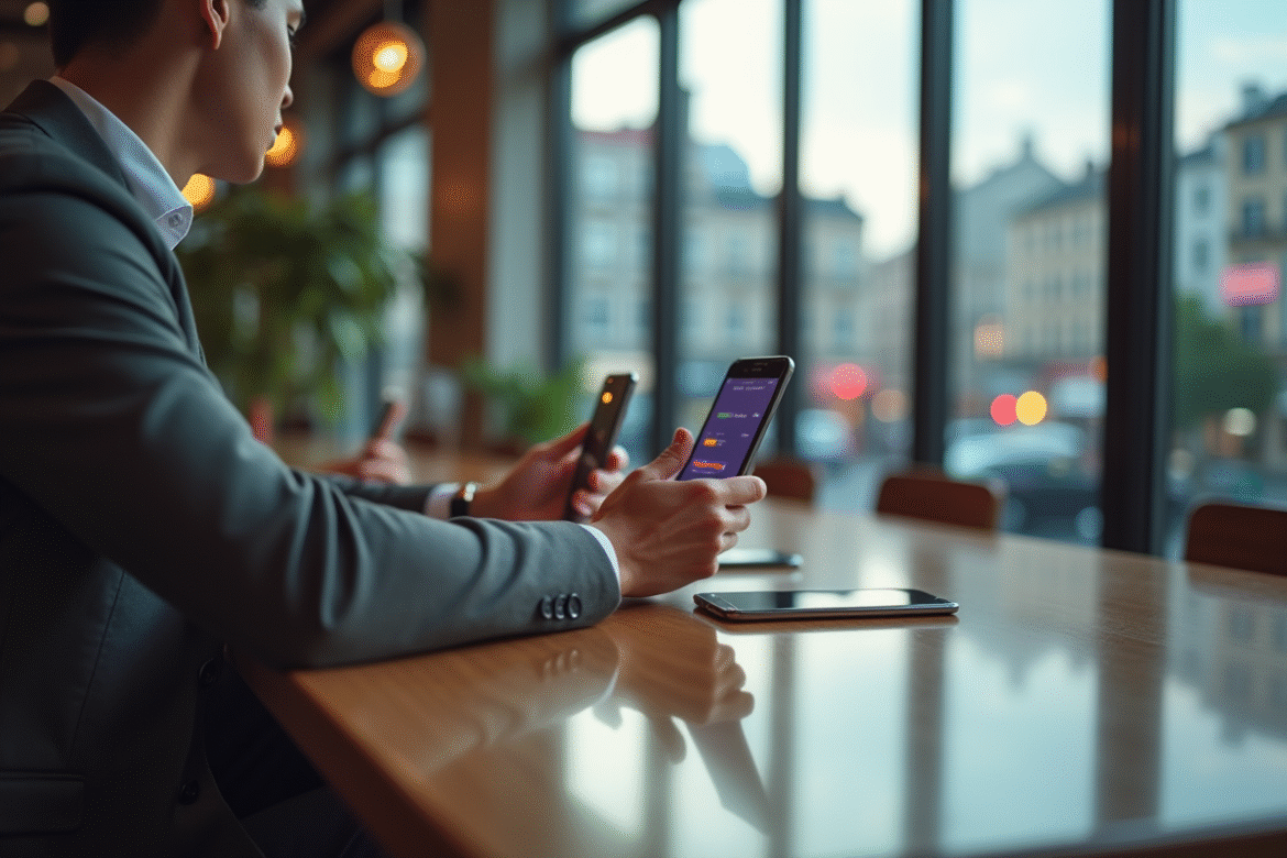 Personne au café avec plusieurs smartphones et signal faible