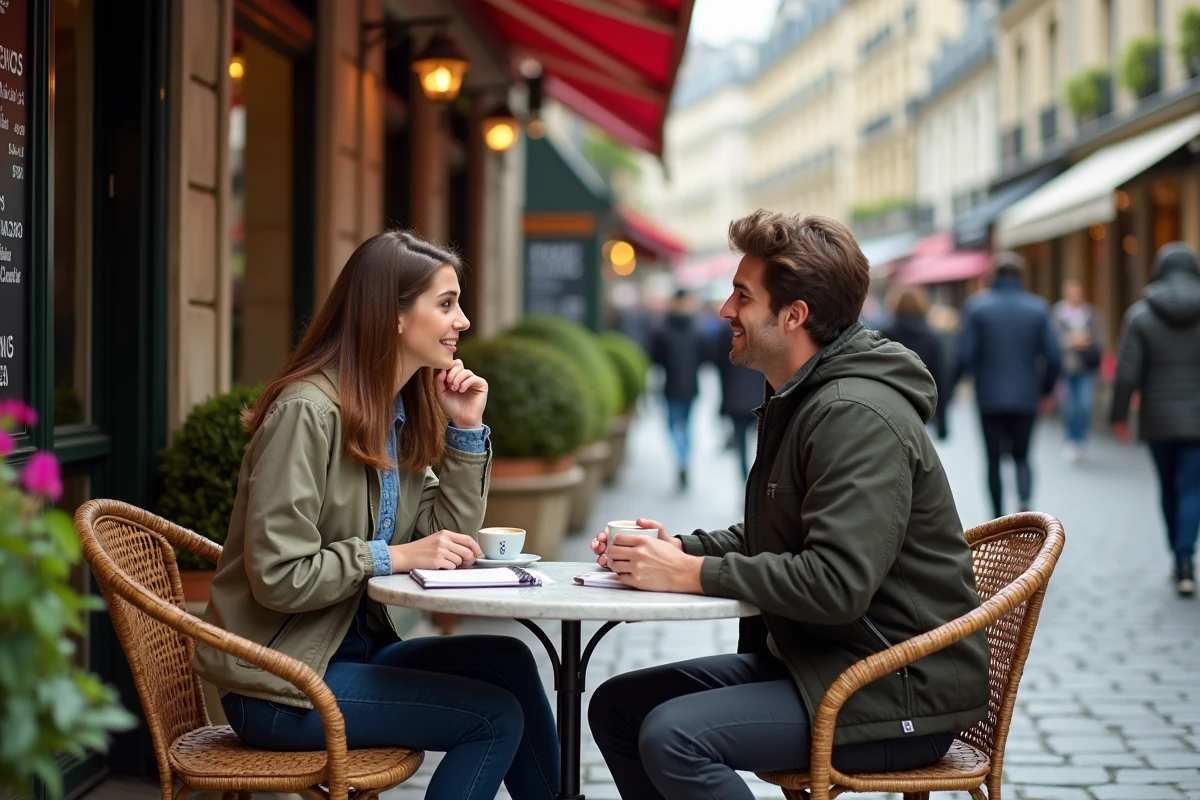 Deux étudiants travaillant en terrasse d'un café parisien traditionnel rue Vivienne avec carnets et expressos