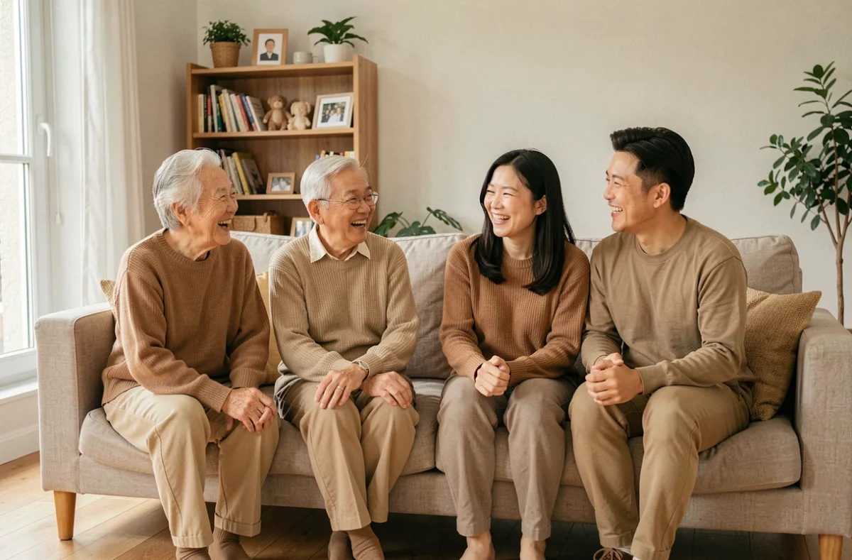 Portrait de famille multigénérationnelle asiatique réunie dans un intérieur chaleureux à Fontenay-sous-Bois, photographiée par Cai Yong