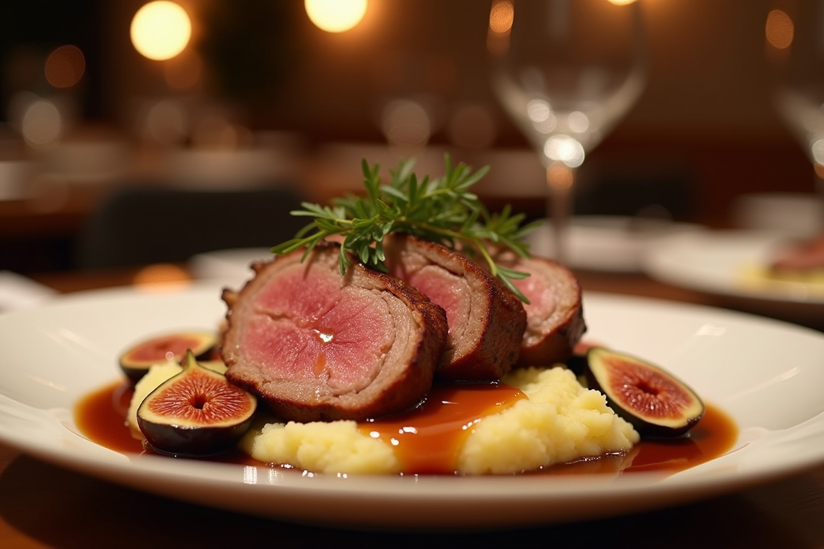 Tranches de magret de canard avec purée et figues rôties appétissantes