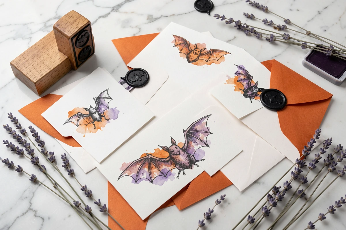 Cartes d'invitation Halloween avec dessins de chauves-souris à l'encre noire et aquarelle sur surface en marbre blanc avec sceaux de cire
