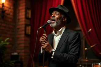 Chanteur jazz noir âgé en scène dans un club vintage