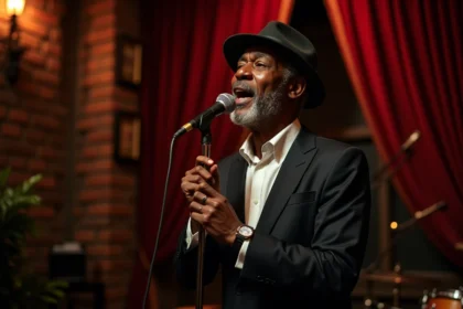 Chanteur jazz noir âgé en scène dans un club vintage