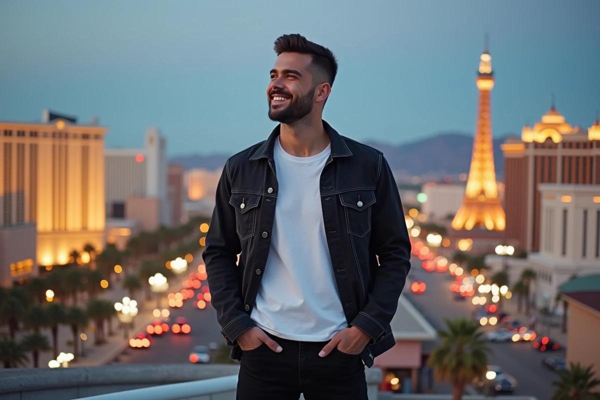 Chanteur masculin sur un rooftop de Las Vegas avec ville en arrière-plan