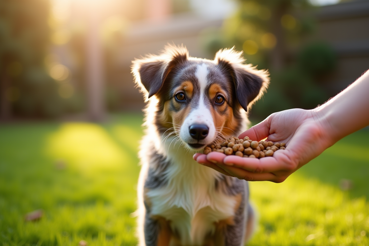 Australian shepherd recevant nourriture dans un jardin ensoleille