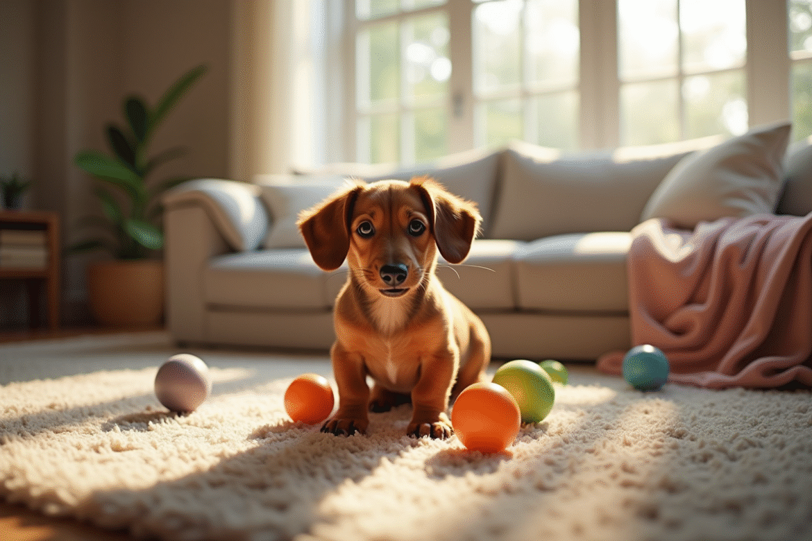 Chiot dachshund joueur dans un salon moderne et cosy