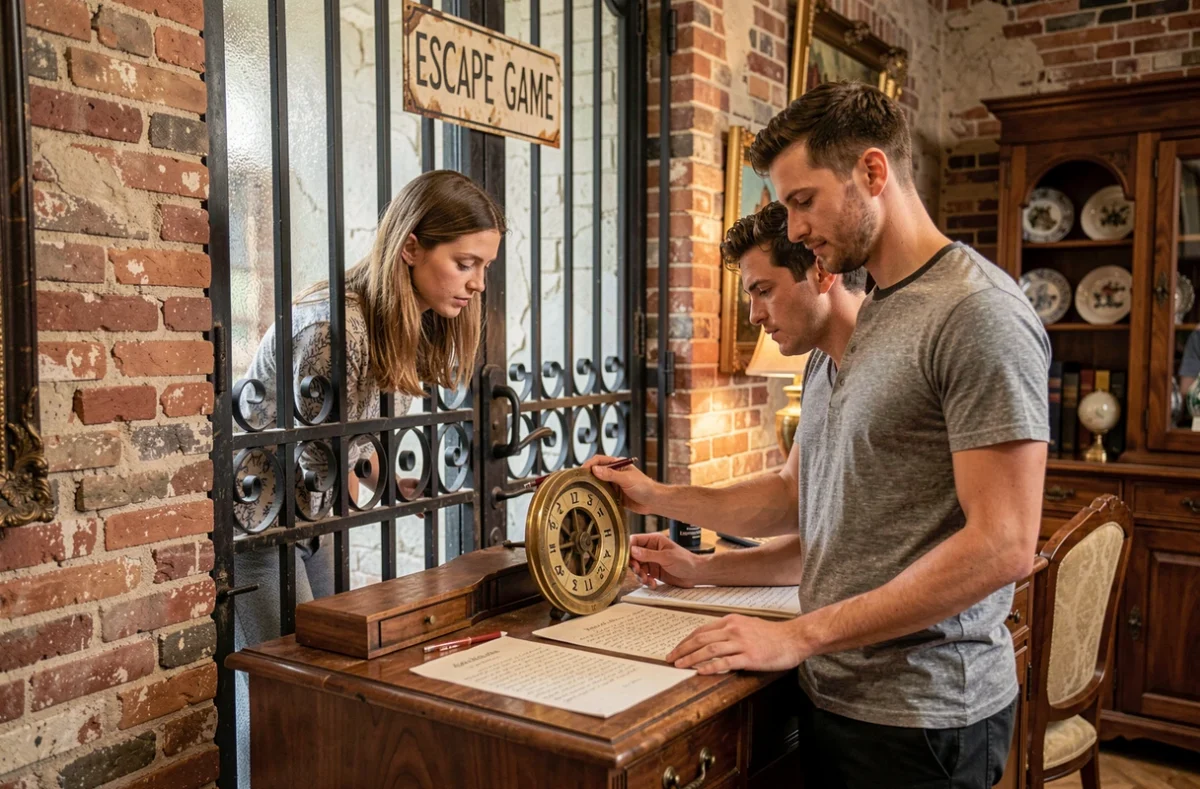 Deux joueurs examinant des indices devant une porte verrouillée dans la salle d'escape game de Closed Escape Game Valence