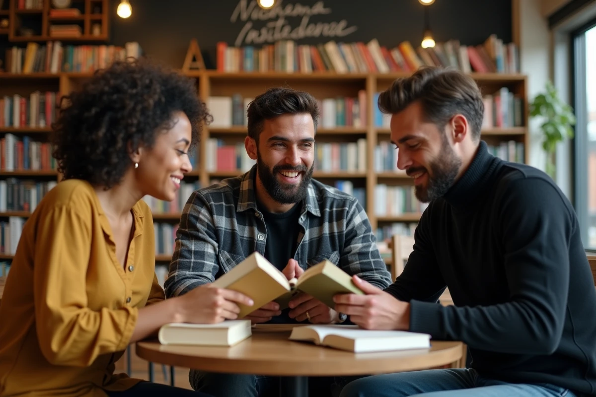 Groupe de lecteurs en discussion animée dans une librairie indépendante autour du roman Speed Fiction de Jerry Stahl