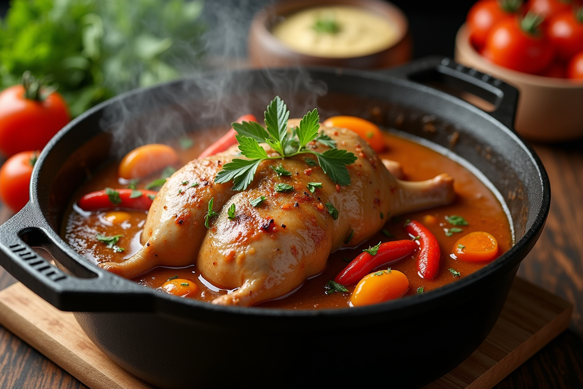 Cocotte en fonte avec lapin en sauce et légumes
