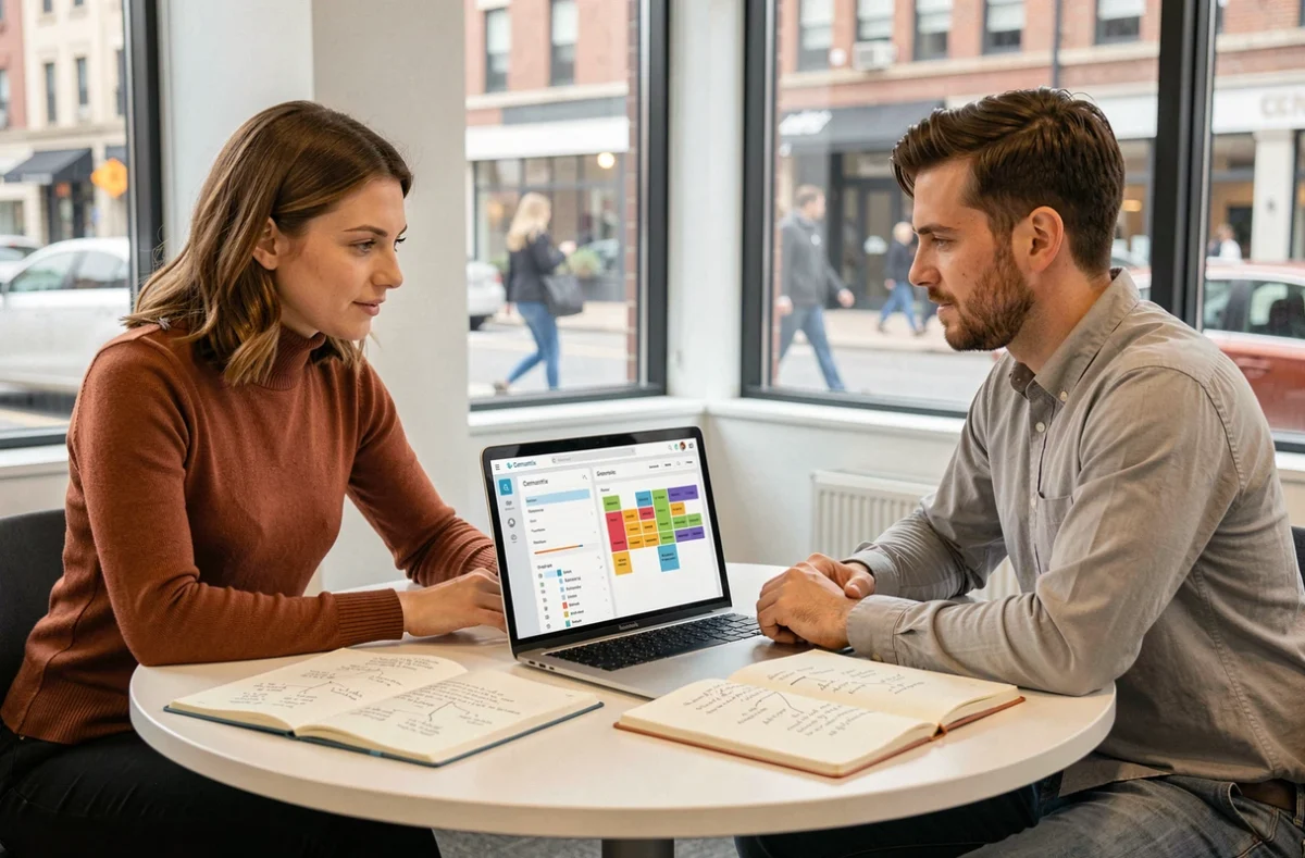 Deux professionnels collaborant sur une analyse sémantique Cemantrix dans un espace de coworking lumineux