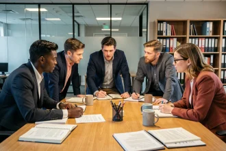 Groupe de collègues adultes réunis autour d'une table de réunion en bois dans un bureau moderne, illustrant l'expression 'au sein de' dans un contexte professionnel