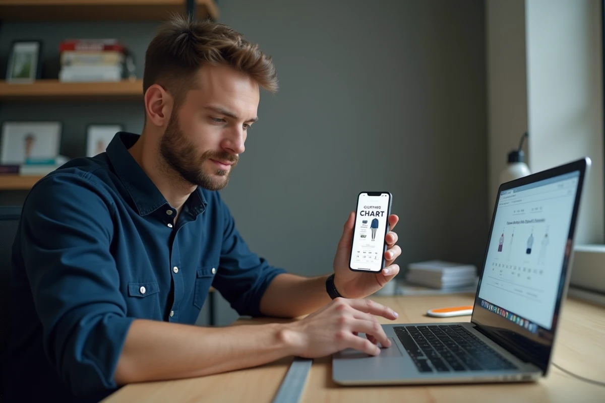 Homme comparant la mesure de son pouce avec un guide de tailles sur smartphone pour acheter en ligne